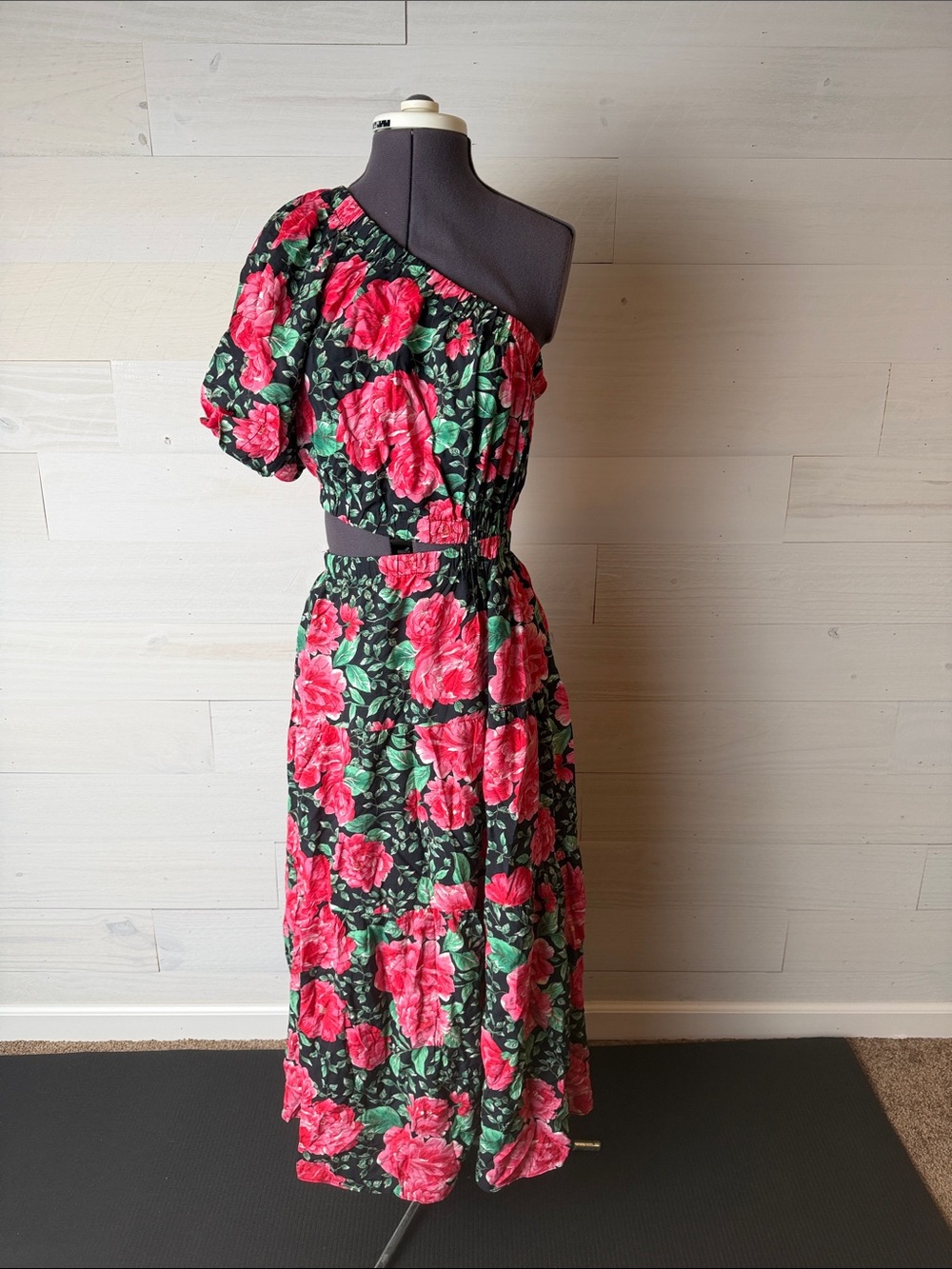 One-Shoulder Floral Midi  Dress in Pink and Green